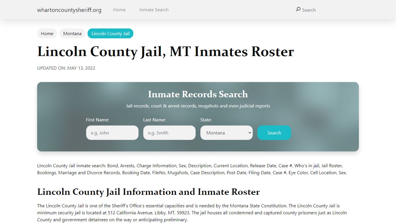 Lincoln County Jail, MT Jail Roster, Name Search